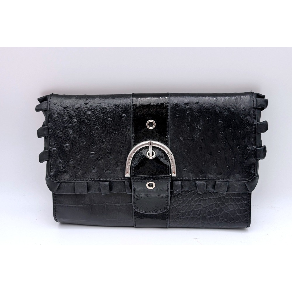 Isabella Adams Black Embossed Leather Buckle Clutch Ruffle Trim Handbag